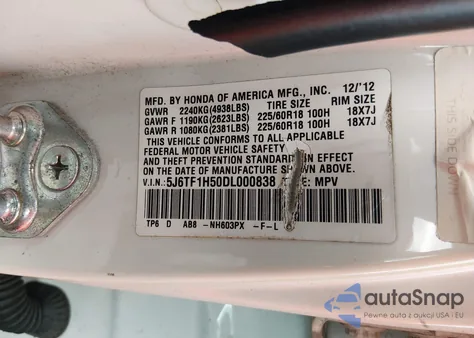 2013 Honda Crosstour Ex-L V6 z USA, uszkodzony, nr VIN 5J6TF1H50DL000838